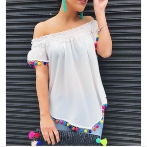 SOLD! Off Shoulder Pom Pom Top